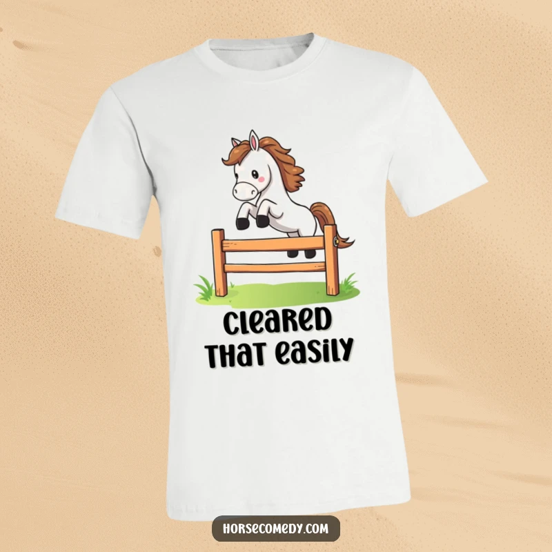 Funny horse character dramatically leaping over a small, colorful fence on a t-shirt, exuding athletic and comical exuberance.