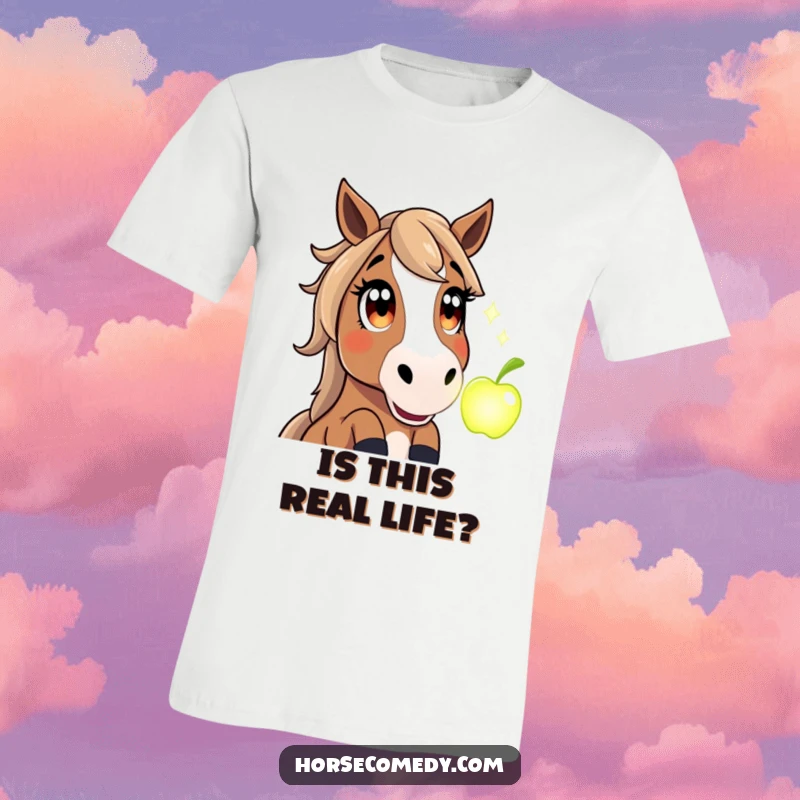Funny t-shirt showing a horse with wide, astonished eyes gazing at a luminous, magical apple appearing before it.