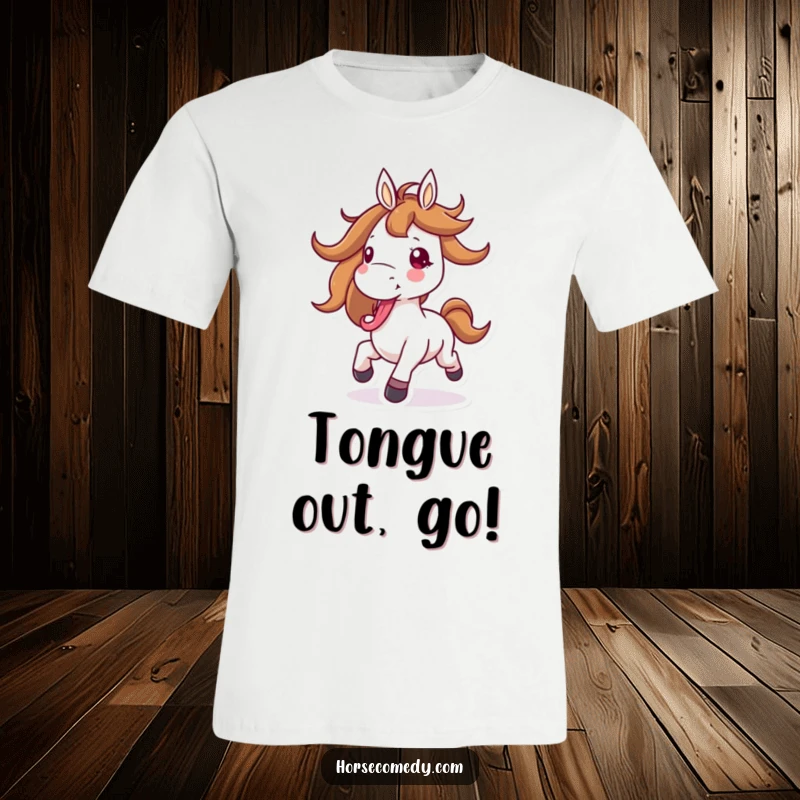 Funny horse t-shirt depicting a horse character joyfully galloping with its mane flying and tongue sticking out, showing pure exuberance.