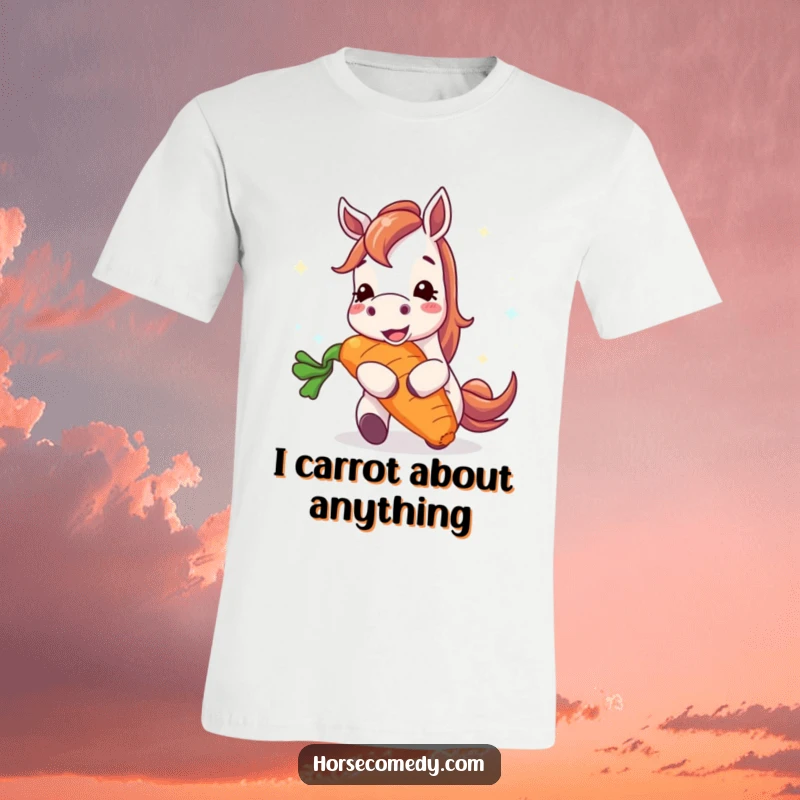 Funny horse t-shirt featuring a happy horse character enthusiastically munching a gigantic, radiant carrot, conveying pure bliss and hearty appetite.