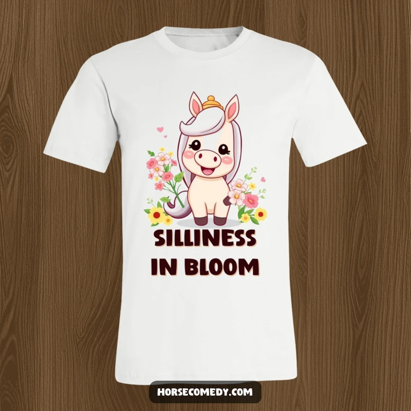 Funny t-shirt featuring a horse with a massive smile, a comical hat, and a bouquet of colorful flowers, for casual wear.