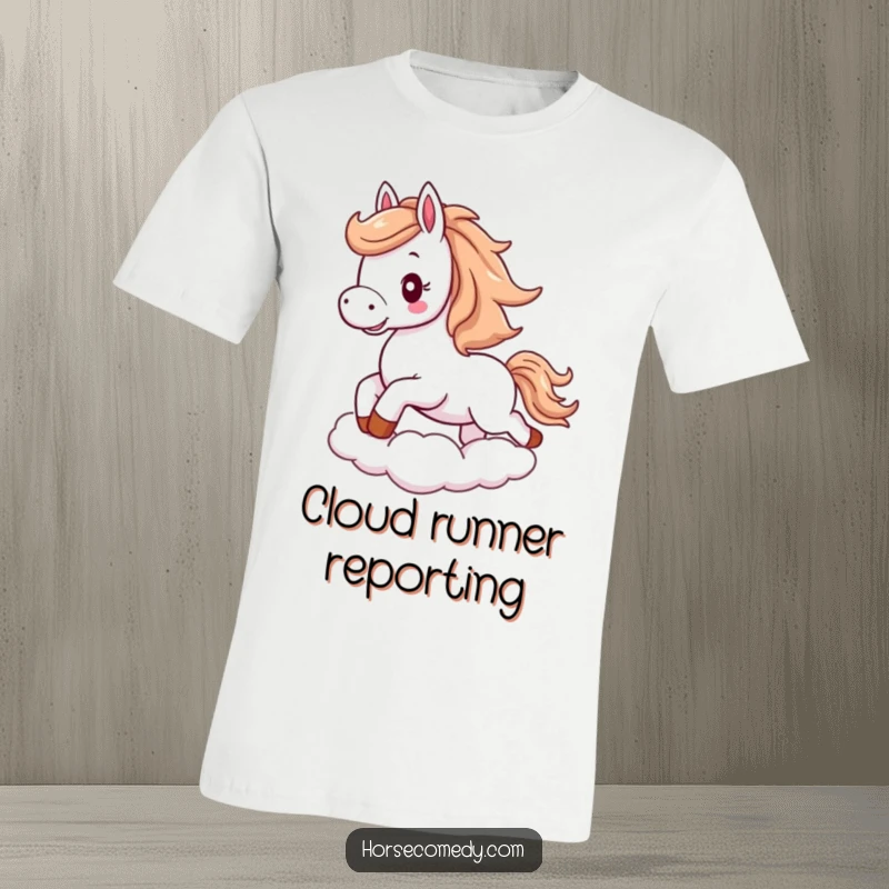 Funny horse t-shirt showing a fluffy horse with a flowing mane, galloping excitedly on a cloud.
