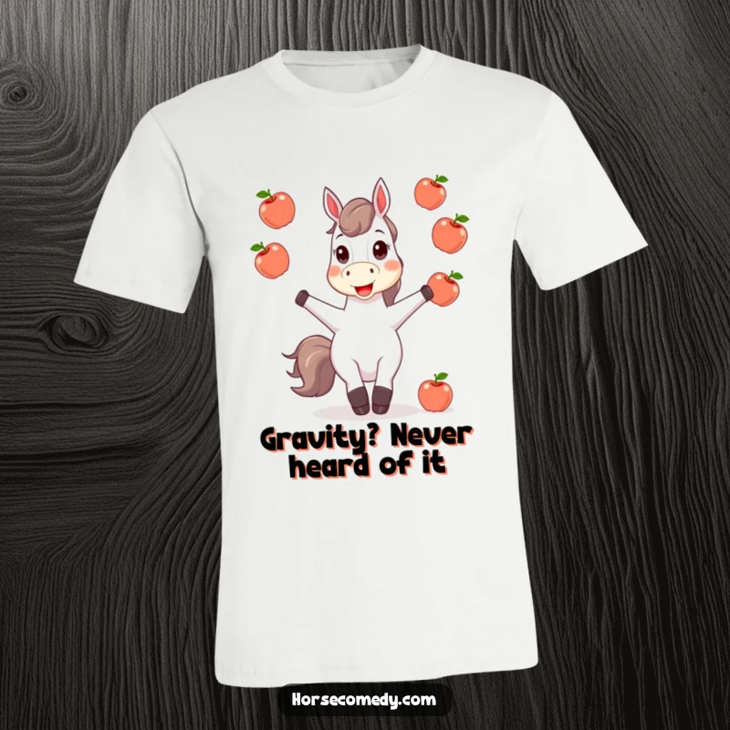 Funny happy horse character juggling bright, shining apples, featured on a t-shirt, embodying joy and playful skill.