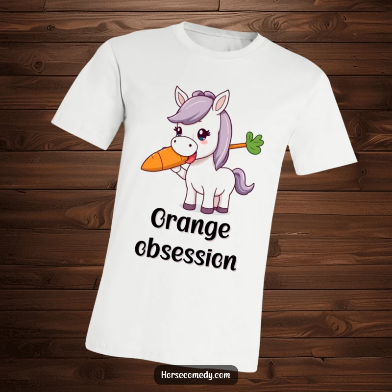 Funny horse character with delightedly munching on a huge, vibrant carrot, captured on a t-shirt for humorous appeal.