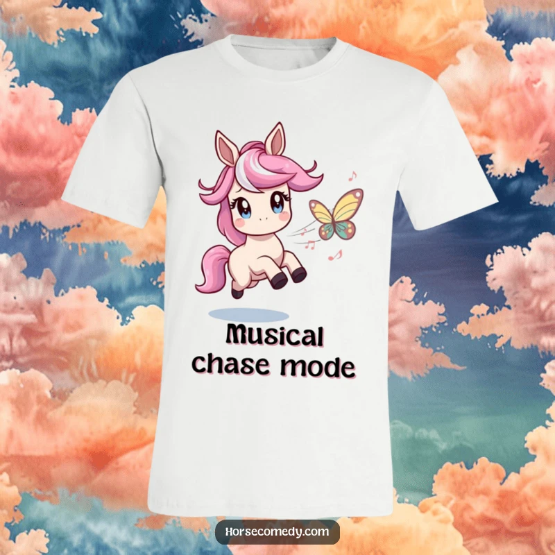 Funny t-shirt depicting a horse character with twinkling eyes playfully chasing a butterfly made of musical notes, symbolizing harmonious fun.