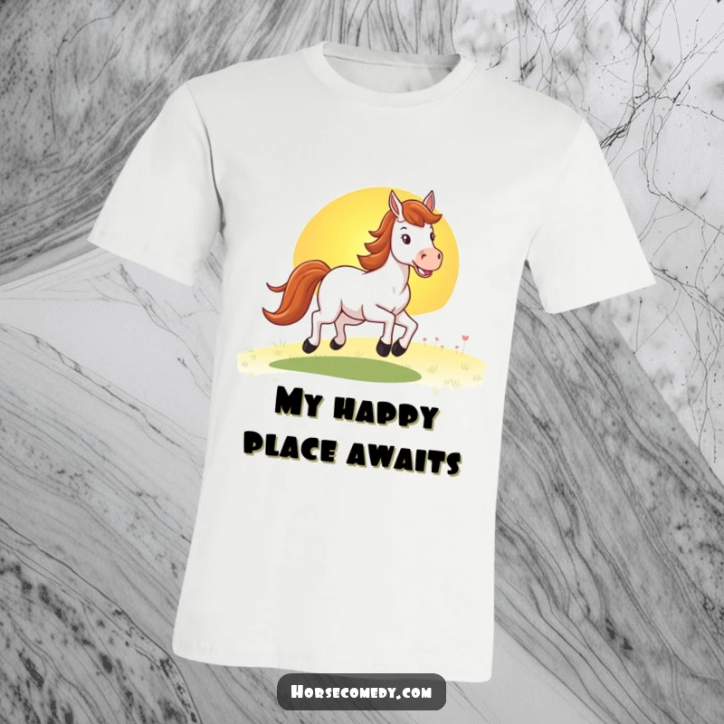 Funny horse t-shirt with a happy horse in full gallop towards a glowing, vibrant sunset, expressing exhilaration and a love for nature.