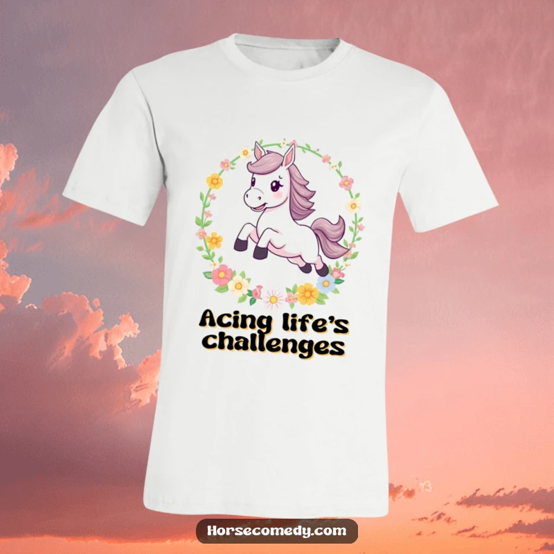 Funny leaping horse t-shirt, dynamically jumping through a sparkling hoop of flowers, symbolizing courage, magic, and joyful motion.