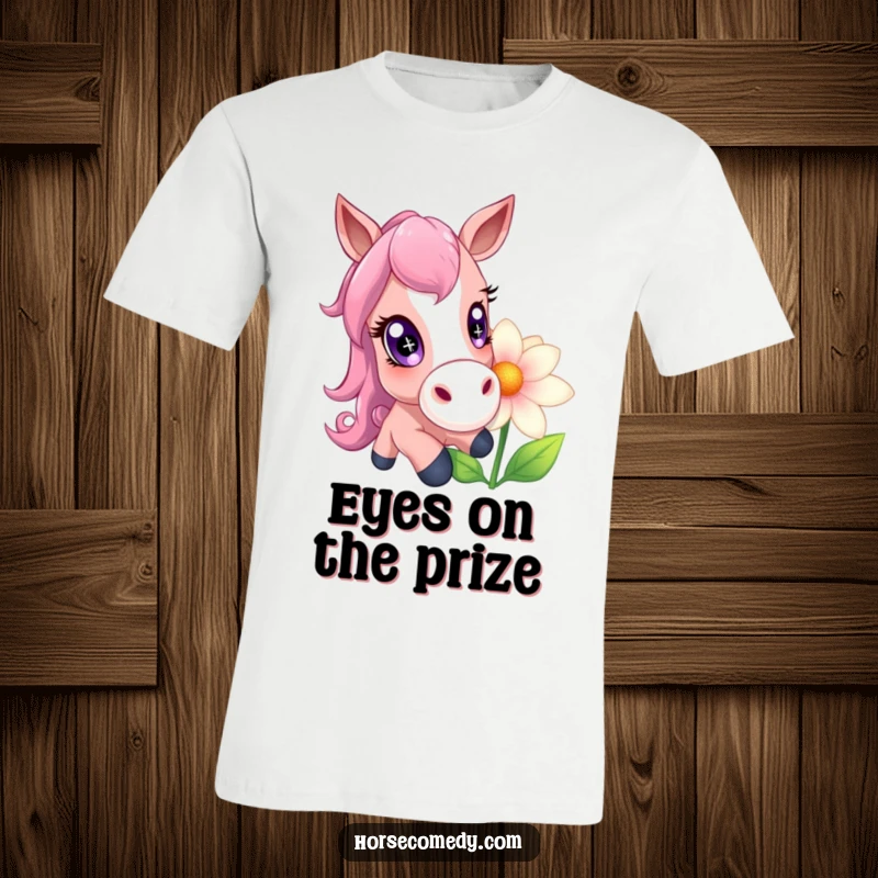 Funny horse with enormous, sparkling eyes playfully interacting with a giant flower, a whimsical and humorous t-shirt.