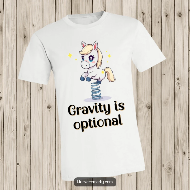 Funny horse t-shirt, featuring a horse with stars in its eyes, dynamically balancing on a bouncing spring. Captures pure excitement.