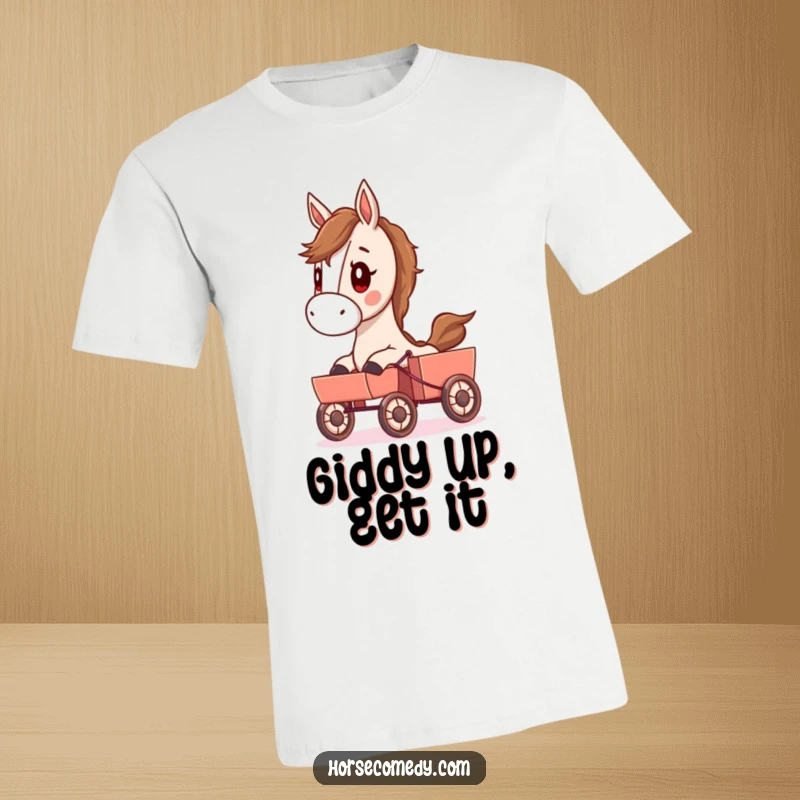 Funny t-shirt showcasing a horse with a determined expression, diligently pulling a tiny cart, perfect for a humorous statement.