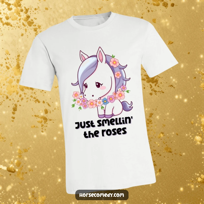 Funny Horse Flower Garland T-Shirt featuring a horse adorned with a flower garland, gently nuzzling the flowers, symbolizing peace and natural elegance.