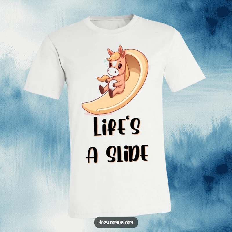 Funny horse t-shirt depicting a giddy horse character joyfully sliding down a whimsical, winding slide, radiating pure excitement.