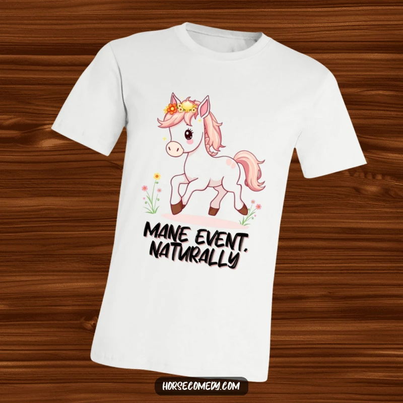Funny Horse Foal T-Shirt featuring a delightful young horse happily prancing, its mane woven with vibrant wildflowers.