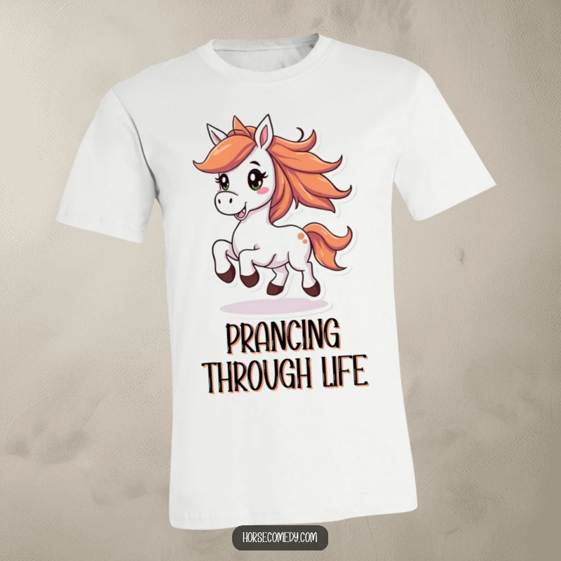 Funny horse t-shirt featuring a joyful horse with a flowing mane, prancing with a big smile and radiating happiness.