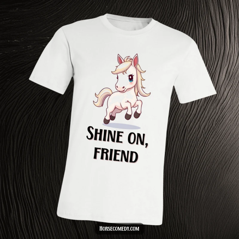 Funny horse t-shirt, horse with a radiant shimmering mane, prancing dynamically with palpable excitement and joy.