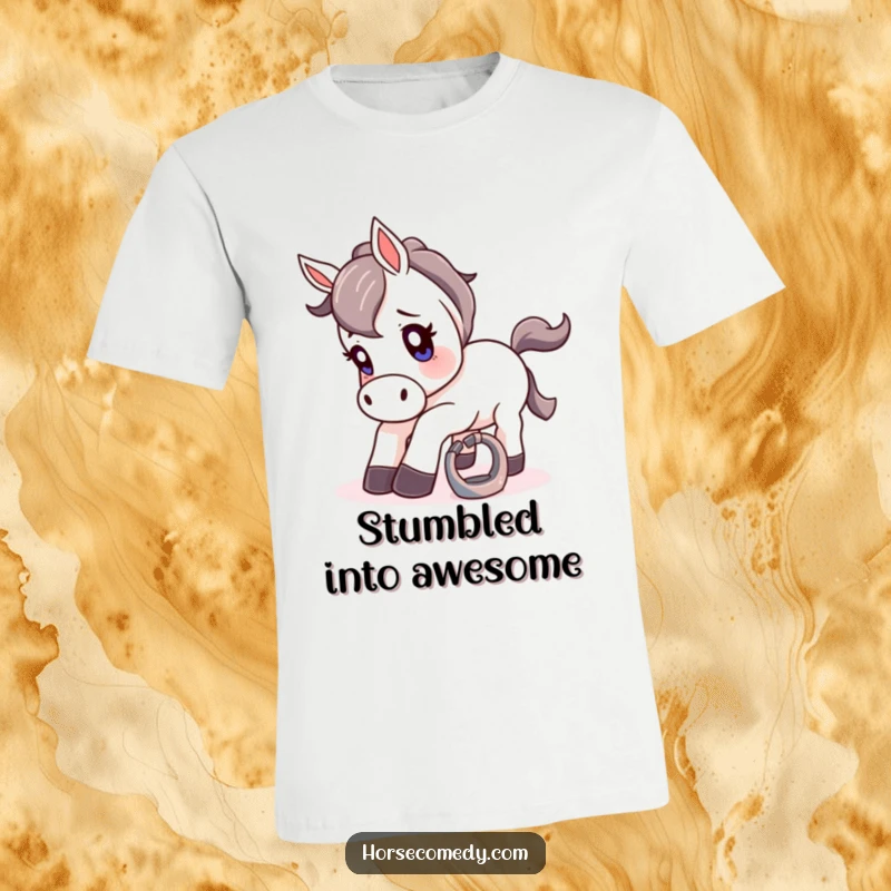 Funny t-shirt of a horse comically tripped by a tiny, shiny horseshoe, its expression one of utter shock.