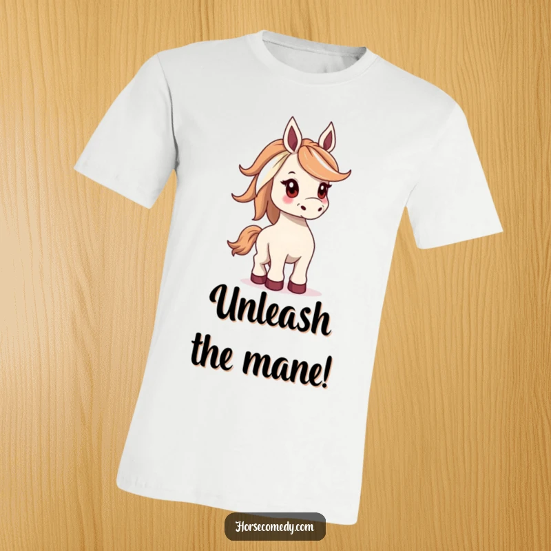 Funny t-shirt graphic of a horse with a wide, majestic mane, playfully bucking its hindquarters, radiating energetic joy.