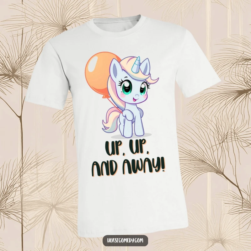 Funny pony t-shirt depicting a pony with wide, curious eyes, balancing a large, colorful balloon.