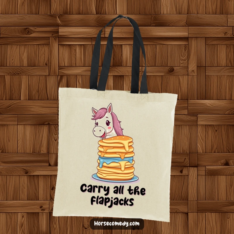 Funny horse tote bag showing a delighted horse character balancing a tall, colorful stack of wobbling pancakes, perfect for carrying treats.
