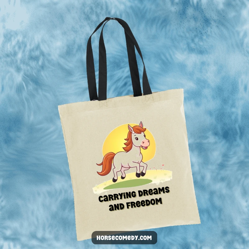 Funny horse tote bag featuring a cheerful horse galloping into a picturesque sunset, perfect for carrying daily items with a smile.