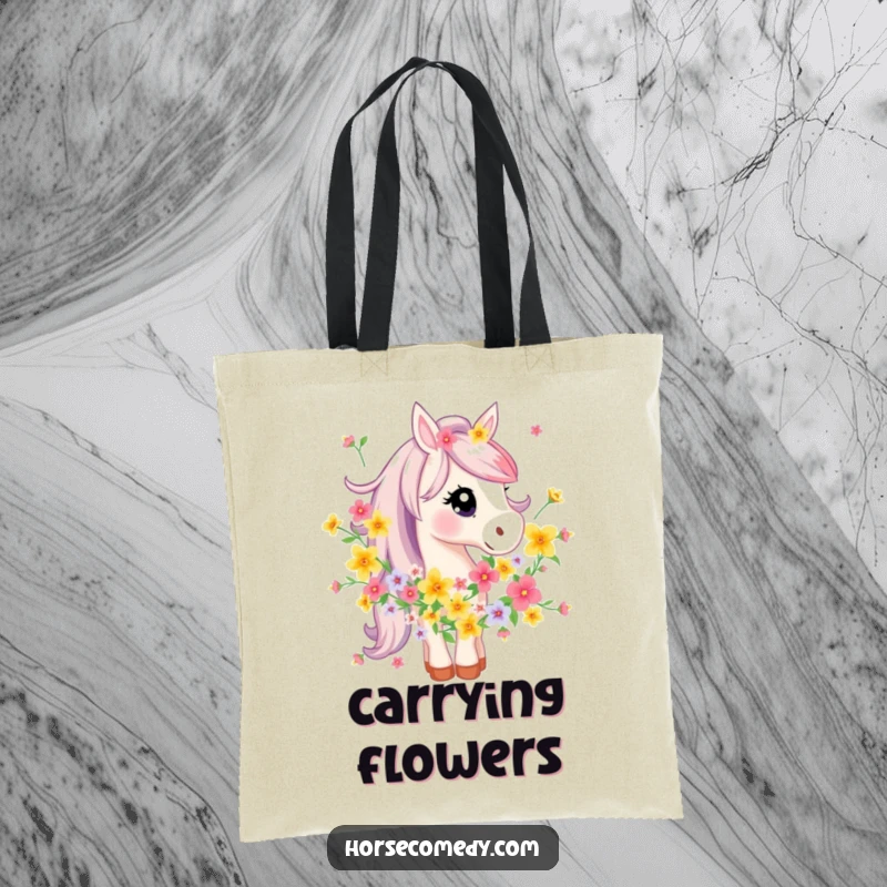 Funny Horse Tote Bag: A horse character is humorously tangled in a vibrant garland of flowers, adding whimsical charm.