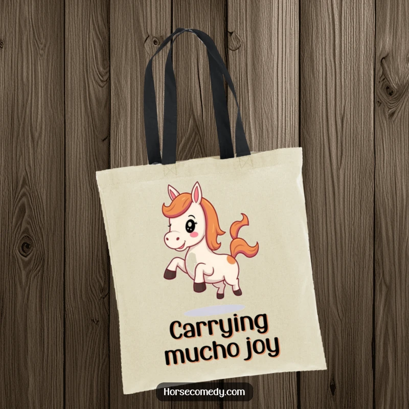 Funny Kawaii Horse Tote Bag featuring a cute horse neighing with joy and kicking its heels playfully.