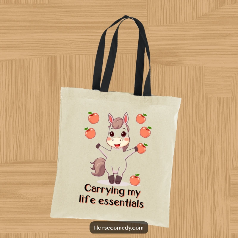 Funny horse character juggling multiple shining apples, depicted on a durable tote bag, promoting eco-friendly style and humor.