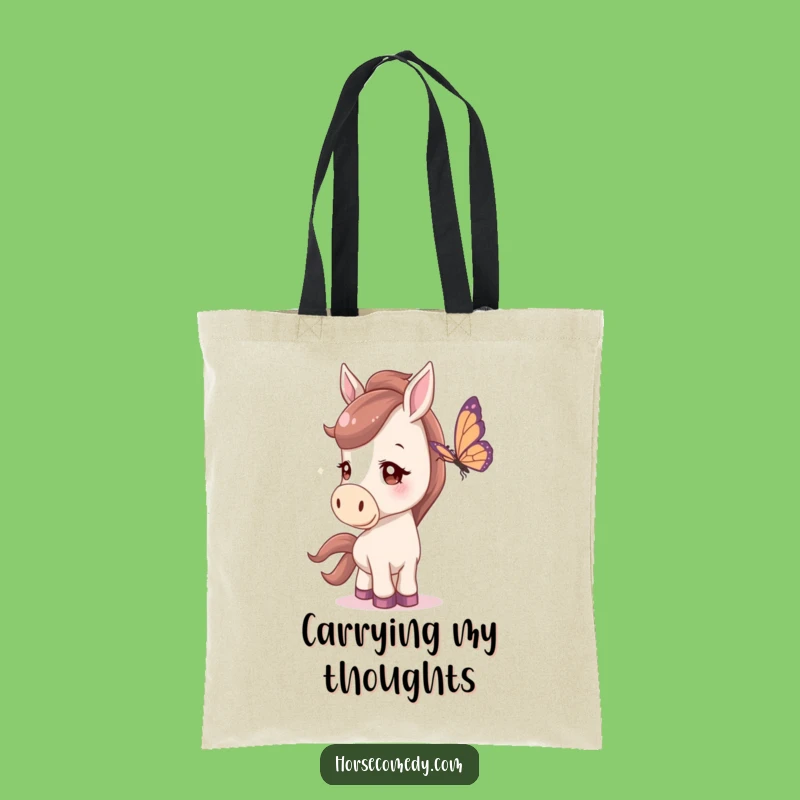 Funny Horse Tote Bag: Curious horse watching butterfly, a spacious and hilariously charming tote for everyday errands and a great gift.