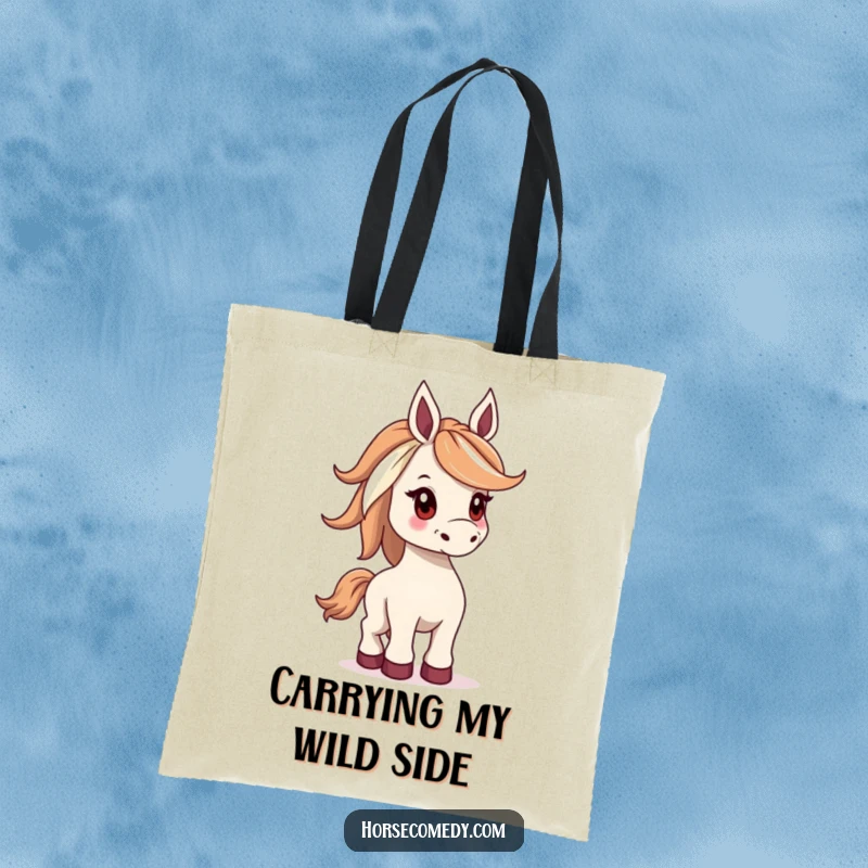 Funny tote bag featuring a horse with a wide mane, playfully bucking, embodying freedom and a joyful spirit.