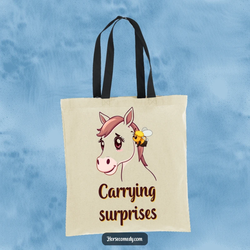 Funny Horse Tote Bag: A horse looks surprised as a friendly bumblebee playfully nudges it, creating a charming and humorous scene.