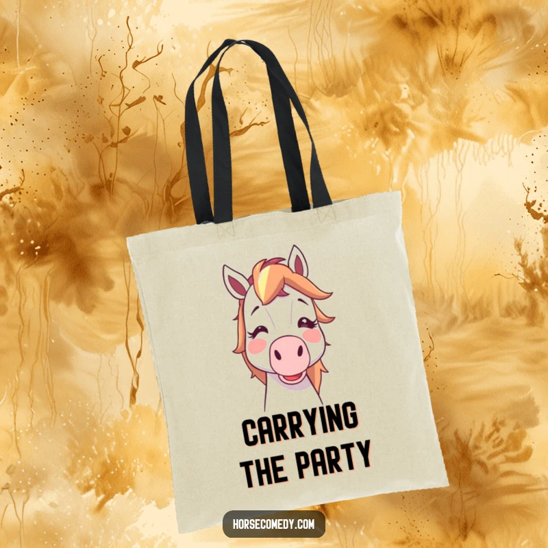 Funny horse character with cartoon blush blowing a noisemaker, a versatile and funny tote bag for party lovers.