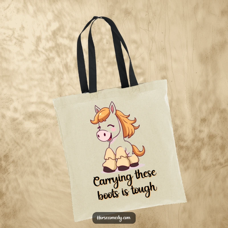 Funny Tote Bag with a cheerful horse character giggling hysterically, its large floppy boots adding to the comedic effect.