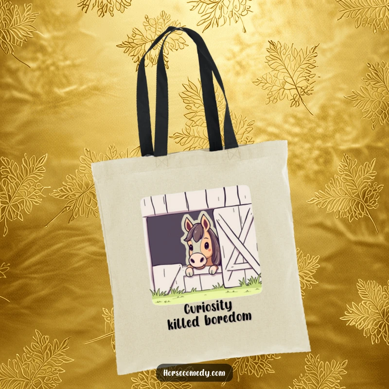 Funny Horse Barn Peek Tote Bag showcasing a curious horse peeking from a barn, perfect for carrying essentials with a humorous touch.