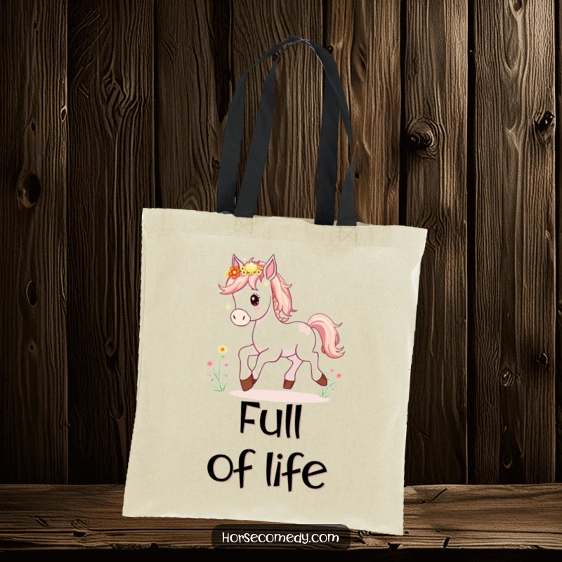 Funny Horse Foal Tote Bag with a happily prancing young horse, its mane garlanded with cheerful wildflowers.