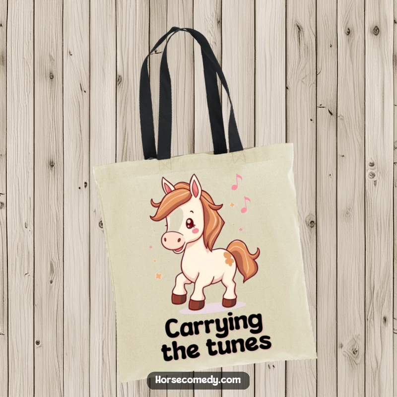 Funny tote bag illustrating a horse with hooves tapping to music, perfect for carrying daily items.