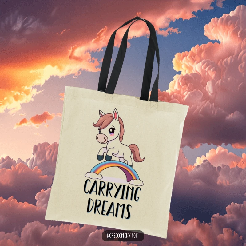 Funny Horse Tote Bag depicting a determined horse character leaping triumphantly over a miniature rainbow bridge.