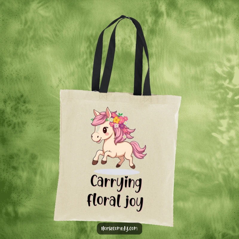 Funny tote bag featuring a horse joyfully galloping, its mane creatively styled with a vibrant array of flowers.