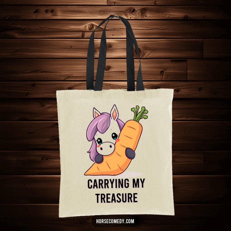 Funny horse tote bag, showing a horse peeking over a giant, smiling carrot. Humorous and functional.