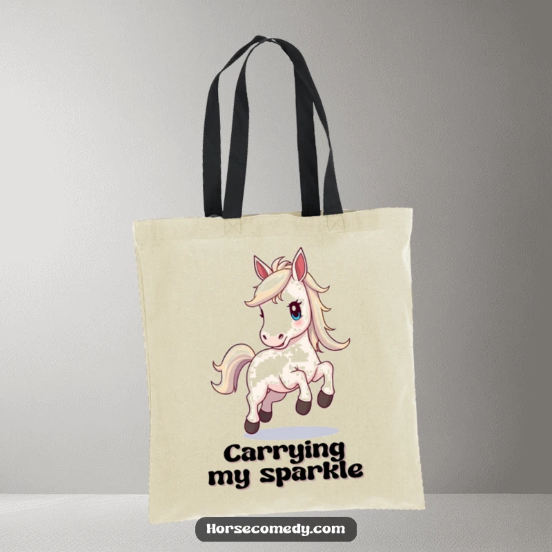 Funny horse tote bag, horse with a lustrous shimmering mane, prancing with palpable excitement and a joyful spirit.