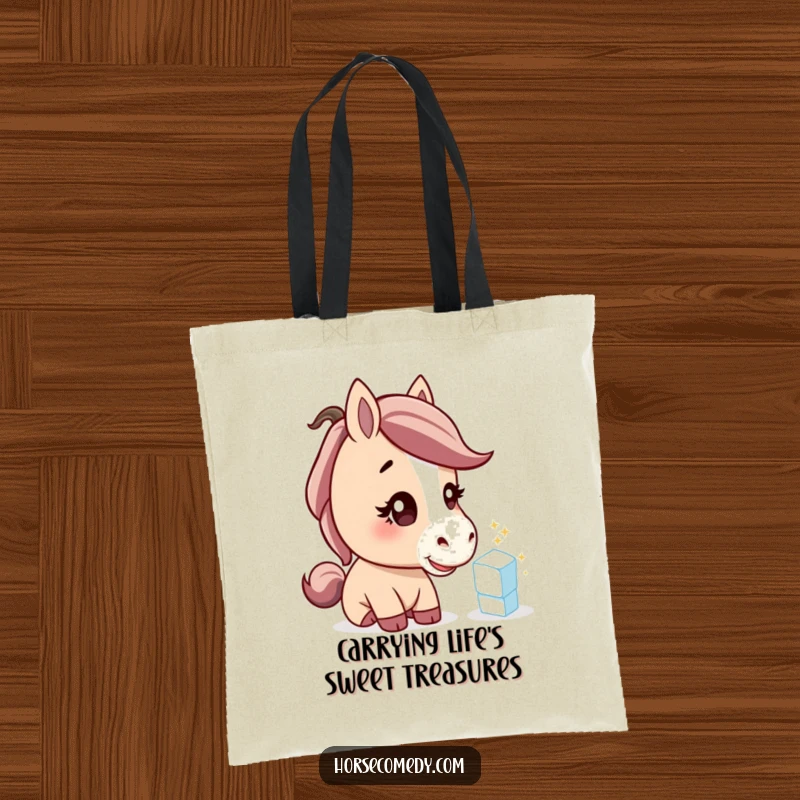 Funny horse tote bag, curious horse with head tilted examining a sweet sugar cube, stylish and humorous gift.