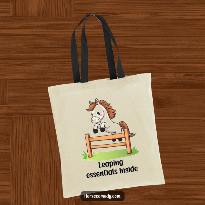 Funny horse character dramatically leaping over a small, colorful fence on a tote bag, symbolizing energetic and comical movement.