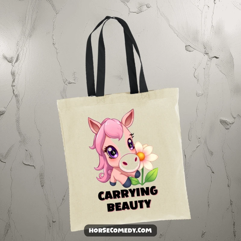 Funny horse with enormous, sparkling eyes playfully nudging a giant flower, depicted on a charming tote bag.