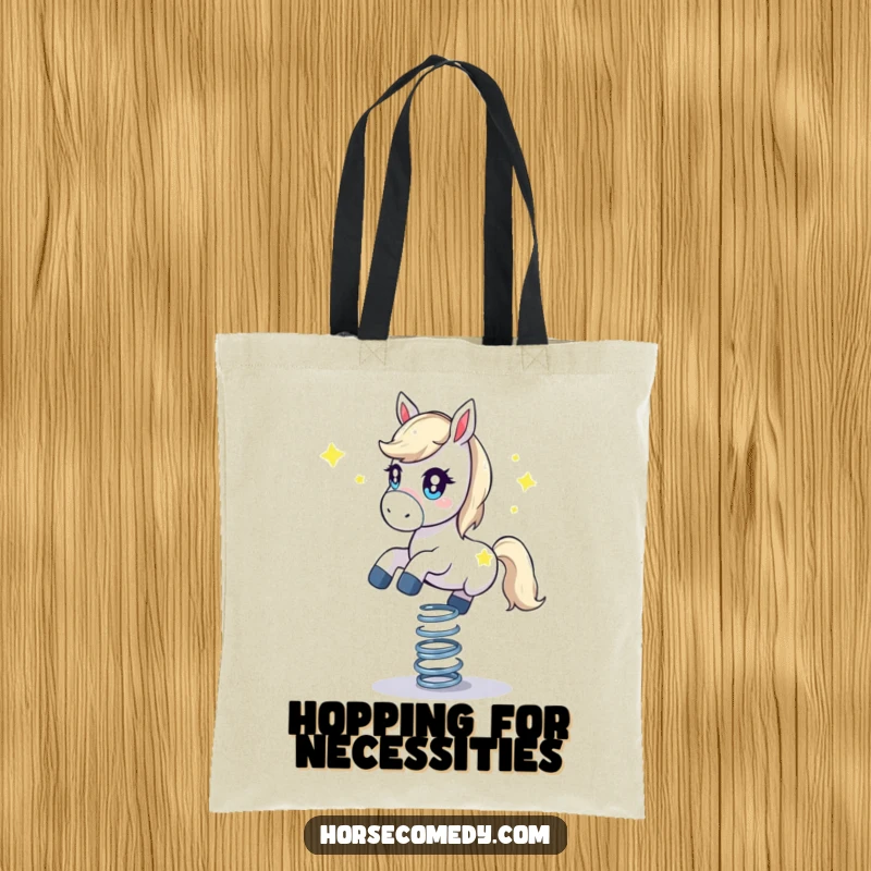 Funny horse tote bag, showing a starry-eyed horse balancing on a bouncing spring. Humorous and practical.