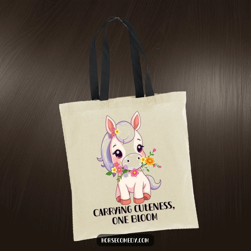 Funny tote bag showcasing a tiny horse animal with a bouquet of flowers held gently in its mouth, perfect for shopping.