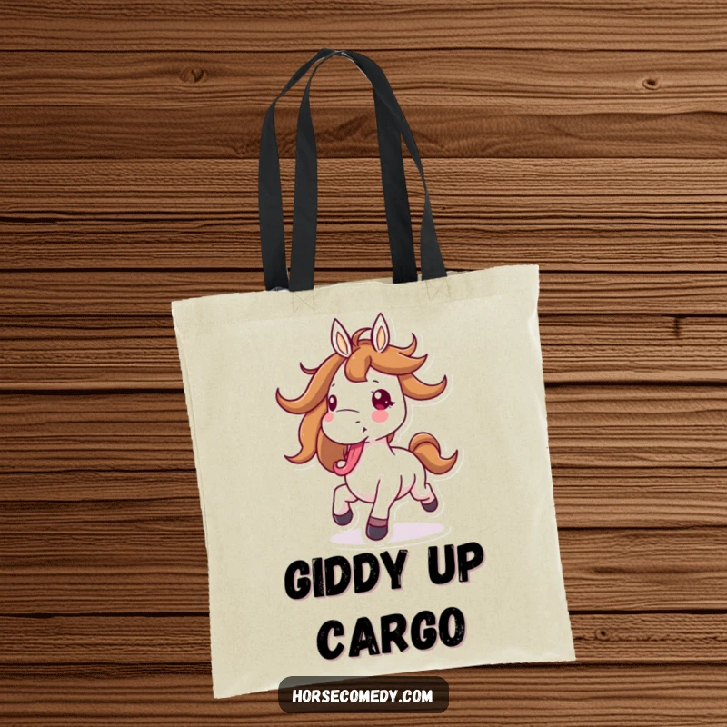 Funny horse tote bag showing a horse character joyfully galloping with its mane flying and tongue out, symbol of freedom.