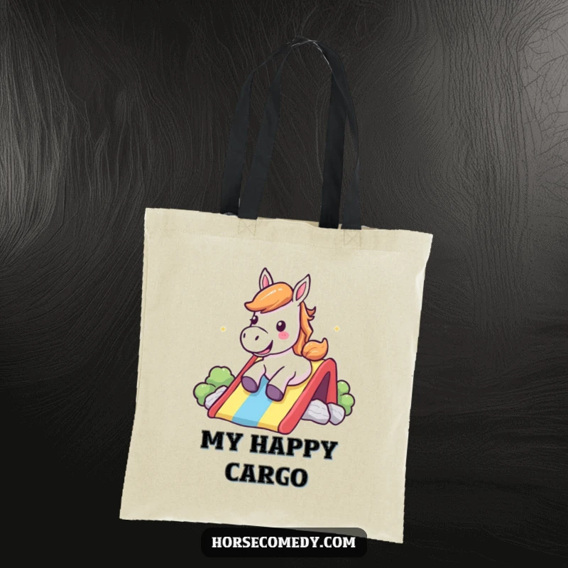 Funny Tote Bag: A happy horse slides down a rainbow, shouting joyfully, perfect for carrying your items.