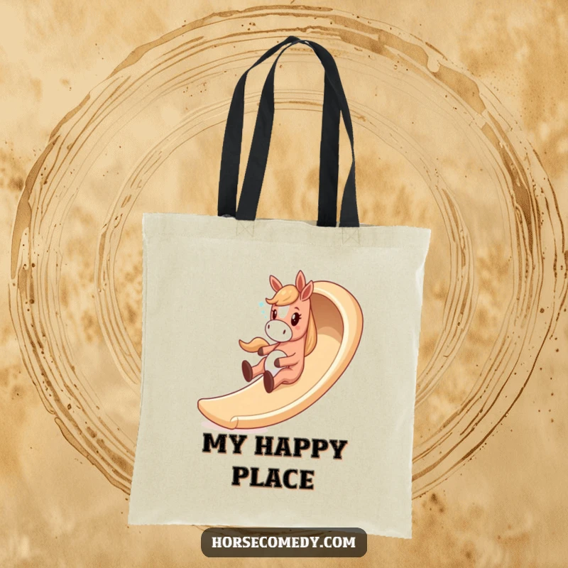 Funny horse tote bag showing a giddy horse character sliding down a whimsical, winding slide, perfect for carrying fun.