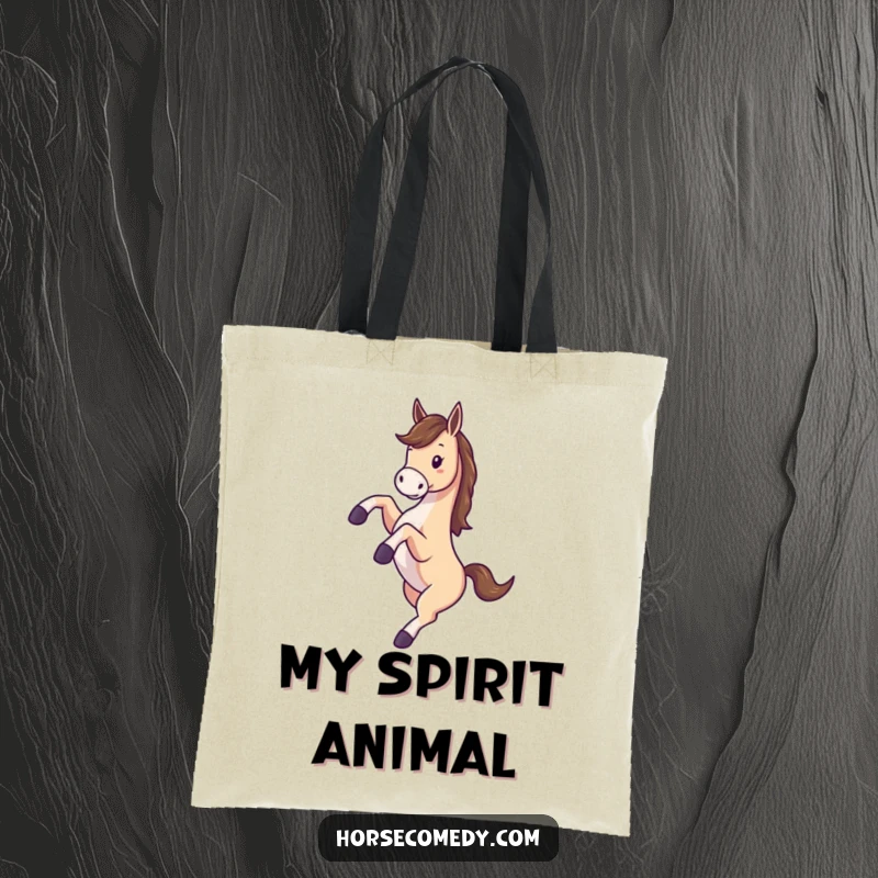 Funny tote bag with a giddy horse kicking its legs up and spinning in a circle of pure delight.