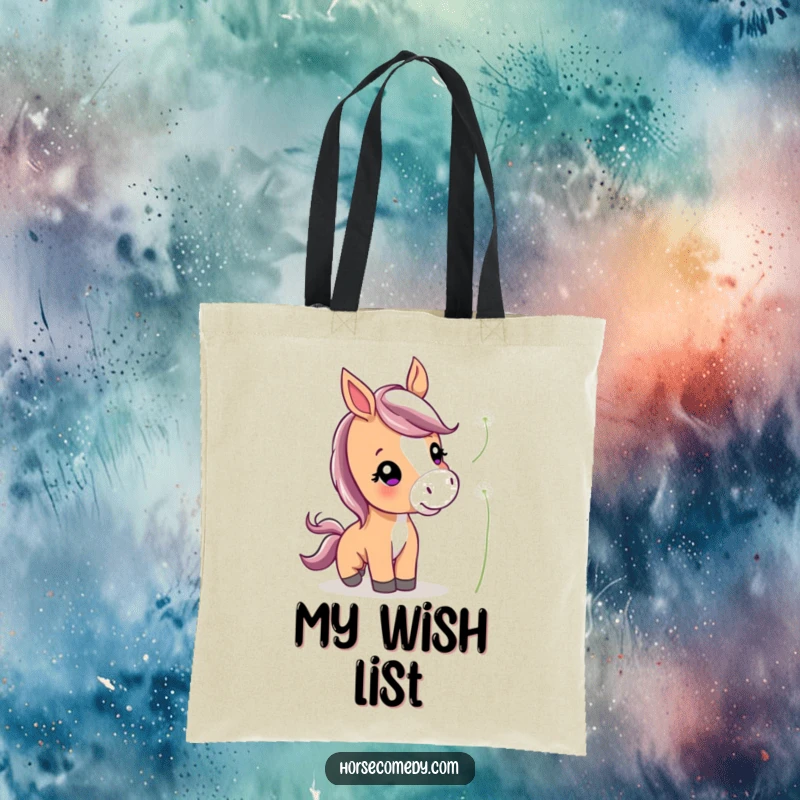 Funny Cute Horse Tote Bag showing a horse with perked ears playfully nudging a floating dandelion, gentle and charming.