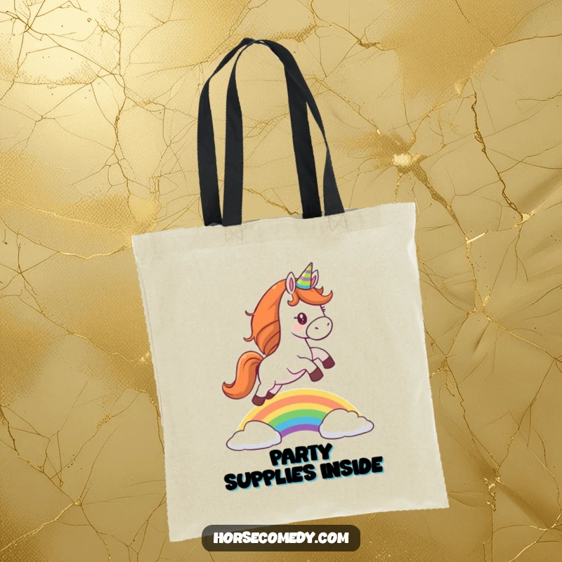 Funny tote bag featuring a horse wearing a party hat, leaping over a rainbow, perfect for carrying essentials with whimsical flair.